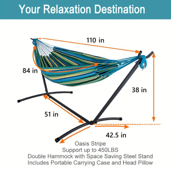 0333dcbd-a679-4b4d-92c5-5ff78a5c8c22 Heavy-Duty Double Hammock with Steel Stand - 450 lbs Capacity Portable Outdoor/Indoor Lounger with Carry Case, Blue Striped Camping and Patio Hammock Combo