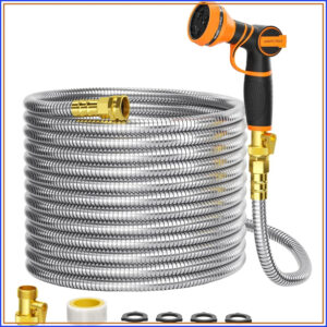 100ft Stainless Steel Garden Hose 5/8" - Heavy Duty 304 Metal Water Hose, No-Kink Flexible Lightweight Hose with 9-Pattern Spray Nozzle