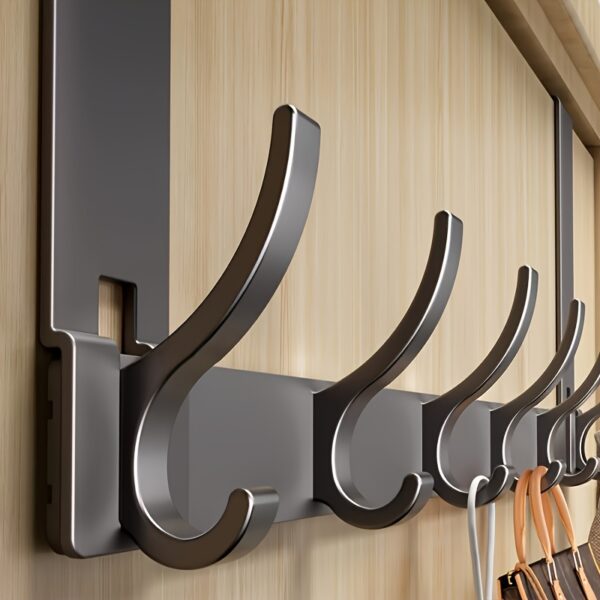 Matte Black Over the Door Hook Organizer Rack - 15.4" Space Aluminum Towel Hanger, No-Drill Clothes, Coat & Hat Storage Rail with 5 Heavy-Duty Double Hooks