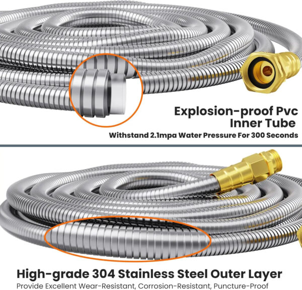 100ft Stainless Steel Garden Hose 5/8" - Heavy Duty 304 Metal Water Hose, No-Kink Flexible Lightweight Hose with 9-Pattern Spray Nozzle