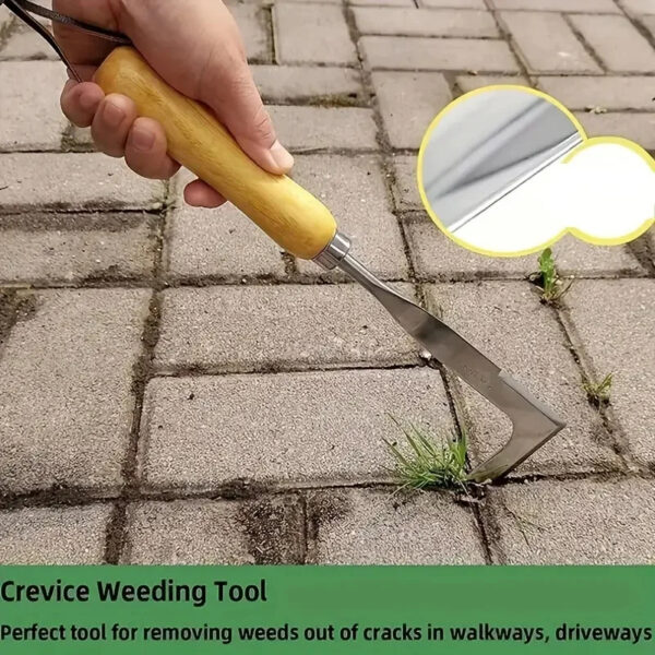 13.5" L-Shaped Stainless Steel Crack Weeding Tool - Manual Garden Hand Weeder with Ergonomic Wooden Handle for Patio, Driveway, and Sidewalk Gap Cleaning