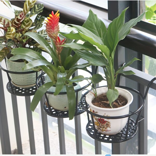 3-Pack Hanging Flower Pot Racks - Heavy-Duty Iron Railing Planter Holders, Metal Hanging Basket Racks with Over-The-Fence Hooks for Patio, Balcony, and Yard