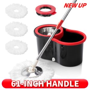 360° Spin Mop and Bucket Set with Stainless Steel Wringer - Heavy Duty Floor Cleaning System with 61-Inch Long Adjustable Handle and 3 Microfiber Replacement Mop Heads