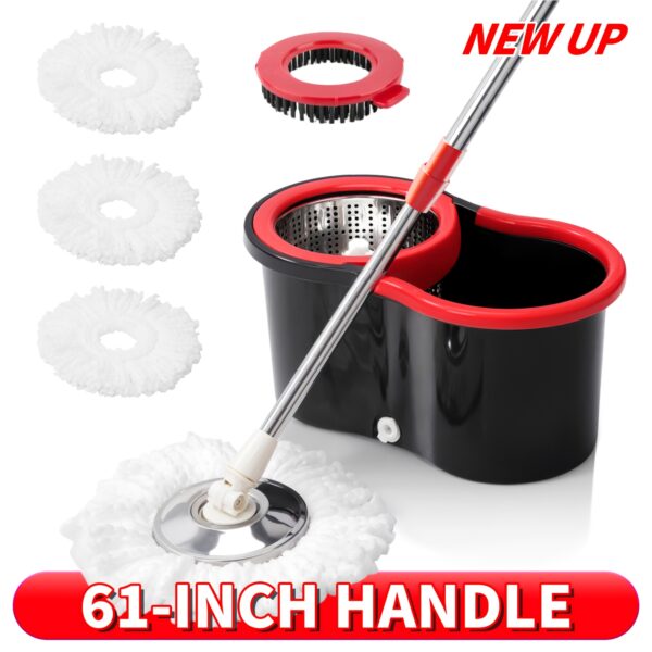360° Spin Mop and Bucket Set with Stainless Steel Wringer - Heavy Duty Floor Cleaning System with 61-Inch Long Adjustable Handle and 3 Microfiber Replacement Mop Heads