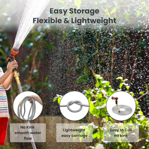 100ft Stainless Steel Garden Hose 5/8" - Heavy Duty 304 Metal Water Hose, No-Kink Flexible Lightweight Hose with 9-Pattern Spray Nozzle