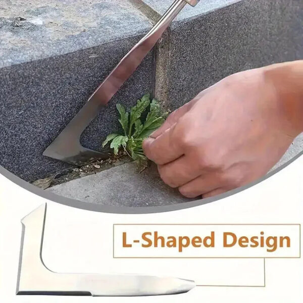 13.5" L-Shaped Stainless Steel Crack Weeding Tool - Manual Garden Hand Weeder with Ergonomic Wooden Handle for Patio, Driveway, and Sidewalk Gap Cleaning