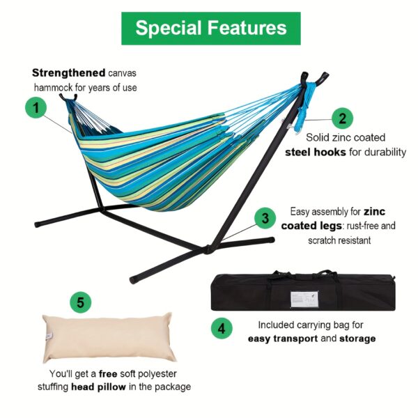 4e5b4dfa-98d1-431b-a03e-f994d5248c79 (1) Heavy-Duty Double Hammock with Steel Stand - 450 lbs Capacity Portable Outdoor/Indoor Lounger with Carry Case, Blue Striped Camping and Patio Hammock Combo