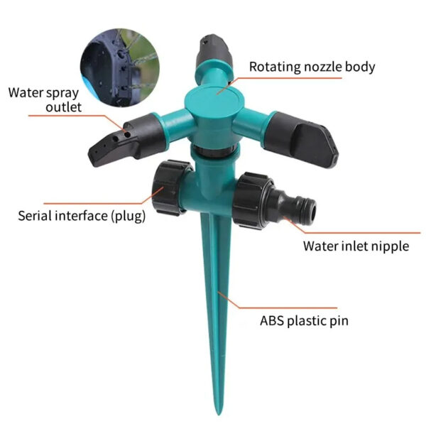 5 360-Degree Automatic Rotating Lawn Sprinkler - Three-Arm Rotary Garden Sprinkler Head for Yard Irrigation and Large Area Coverage