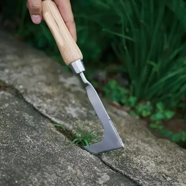 13.5" L-Shaped Stainless Steel Crack Weeding Tool - Manual Garden Hand Weeder with Ergonomic Wooden Handle for Patio, Driveway, and Sidewalk Gap Cleaning