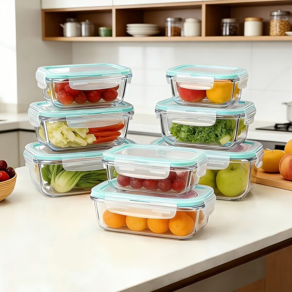 16-Piece Glass Food Storage Containers Set - 8 Borosilicate Glass Lunch Boxes with Airtight Locking Lids, Oven and Microwave Safe Meal Prep Containers for Fruits, Salads, and Veggies