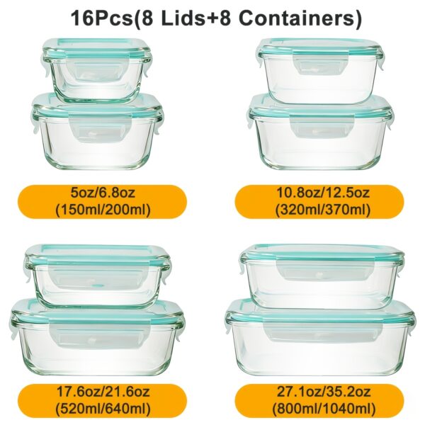 16-Piece Glass Food Storage Containers Set - 8 Borosilicate Glass Lunch Boxes with Airtight Locking Lids, Oven and Microwave Safe Meal Prep Containers for Fruits, Salads, and Veggies