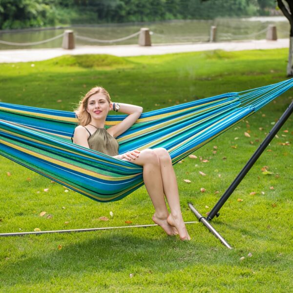 6d8f9d5f-5e9e-4201-a650-f2f81ef8827b Heavy-Duty Double Hammock with Steel Stand - 450 lbs Capacity Portable Outdoor/Indoor Lounger with Carry Case, Blue Striped Camping and Patio Hammock Combo
