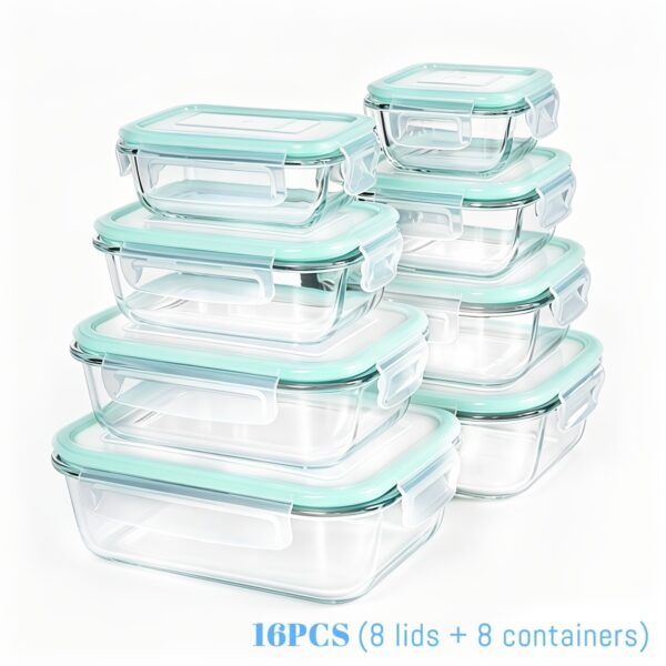 16-Piece Glass Food Storage Containers Set - 8 Borosilicate Glass Lunch Boxes with Airtight Locking Lids, Oven and Microwave Safe Meal Prep Containers for Fruits, Salads, and Veggies