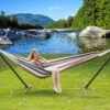 96986602-a409-4443-96a3-5feb6974dc41 Heavy-Duty Double Hammock with Steel Stand - 450 lbs Capacity Portable Outdoor/Indoor Lounger with Carry Case, Blue Striped Camping and Patio Hammock Combo