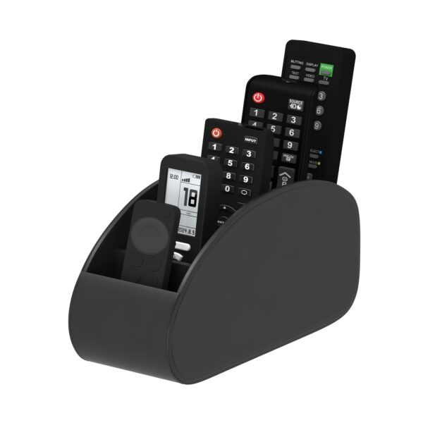 Premium PU Leather Remote Control Holder - 5-Compartment Desk Organizer Box, Arched Media Storage Caddy for TV Remotes, Eyeglasses, and Office Desktop Supplies (Black)