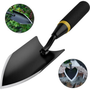 black Heavy Duty Carbon Steel Garden Trowel - Seamless Welded Hand Shovel with Non-Slip Rubberized Handle for Digging, Planting, and Transplanting in Hard Rocky Soil