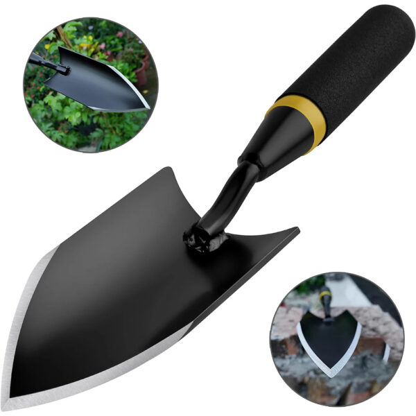 black Heavy Duty Carbon Steel Garden Trowel - Seamless Welded Hand Shovel with Non-Slip Rubberized Handle for Digging, Planting, and Transplanting in Hard Rocky Soil