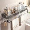 Heavy-Duty Rustproof Shower Caddy Organizer - No-Drill Suction Cup Bathroom Shelf with Towel Bar and Hanging Hooks, Premium Perforated Aluminum Storage Rack