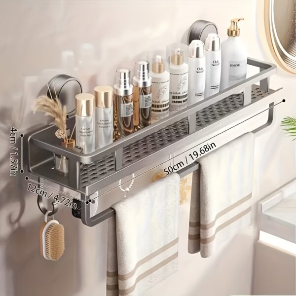 Heavy-Duty Rustproof Shower Caddy Organizer - No-Drill Suction Cup Bathroom Shelf with Towel Bar and Hanging Hooks, Premium Perforated Aluminum Storage Rack