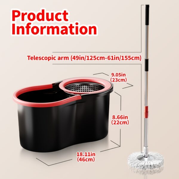 360° Spin Mop and Bucket Set with Stainless Steel Wringer - Heavy Duty Floor Cleaning System with 61-Inch Long Adjustable Handle and 3 Microfiber Replacement Mop Heads