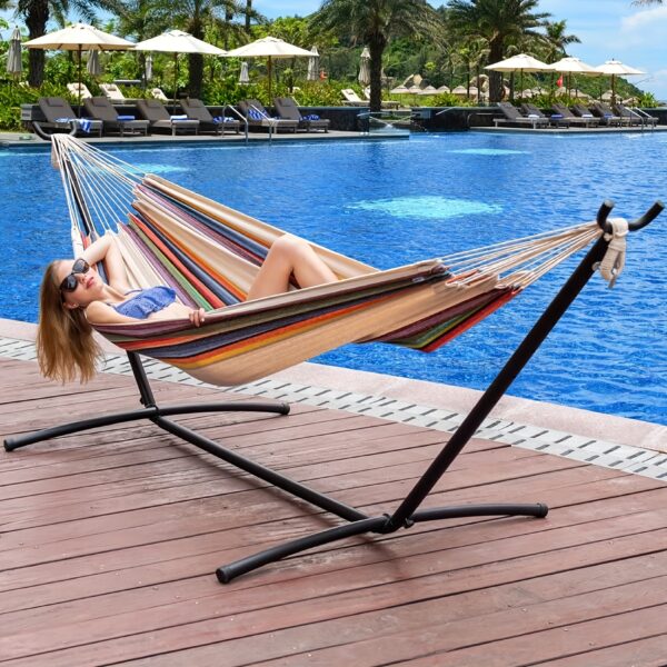 df6ca3bd-91e4-4464-827d-ffbf959b8ccd Heavy-Duty Double Hammock with Steel Stand - 450 lbs Capacity Portable Outdoor/Indoor Lounger with Carry Case, Blue Striped Camping and Patio Hammock Combo