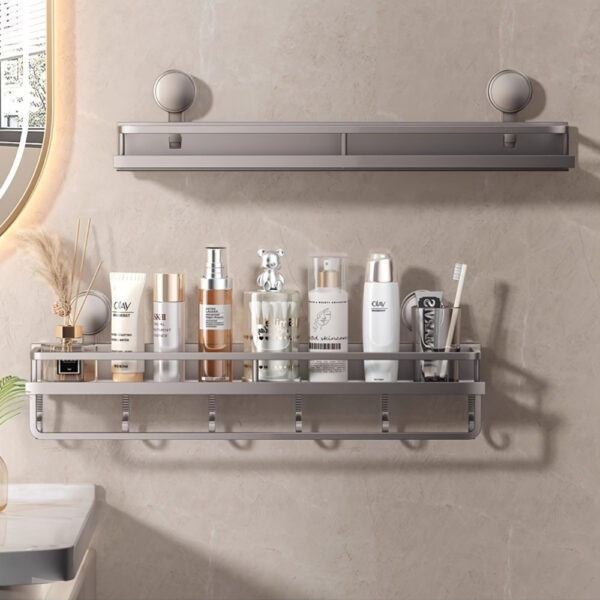Heavy-Duty Rustproof Shower Caddy Organizer - No-Drill Suction Cup Bathroom Shelf with Towel Bar and Hanging Hooks, Premium Perforated Aluminum Storage Rack