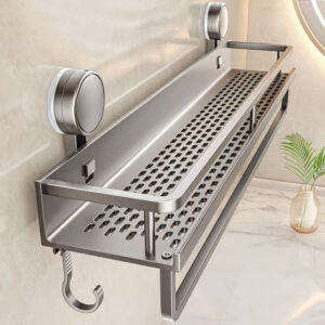 f939444d2ffe413189b7333db6051825-goods Heavy-Duty Rustproof Shower Caddy Organizer - No-Drill Suction Cup Bathroom Shelf with Towel Bar and Hanging Hooks, Premium Perforated Aluminum Storage Rack