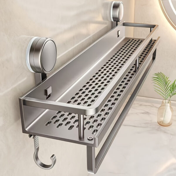 Heavy-Duty Rustproof Shower Caddy Organizer - No-Drill Suction Cup Bathroom Shelf with Towel Bar and Hanging Hooks, Premium Perforated Aluminum Storage Rack