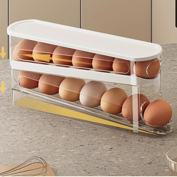 Automatic Rolling Egg Dispenser for Fridge - Double-Layer Space-Saving Fridge Door Egg Storage Box, Clear Plastic Gravity-Fed Egg Holder Rack Organizer for Kitchen Countertop and Refrigerator