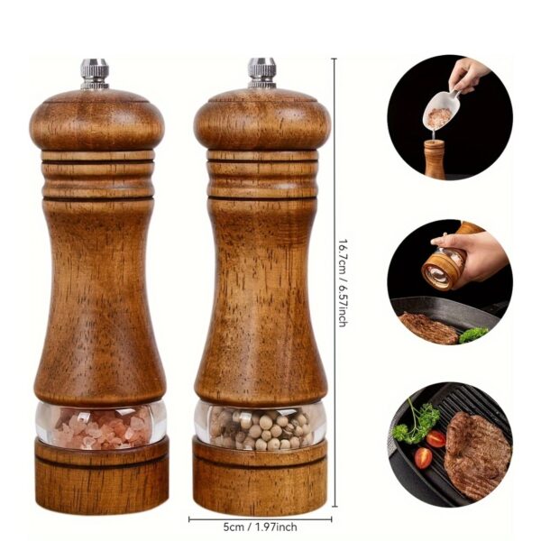 Premium Wooden Pepper Grinder and Salt Mill Set (2-Piece) - Manual Refillable Oak Wood Spice Grinders with Clear Acrylic Viewing Window & Adjustable Ceramic Coarseness for Kitchen, BBQ, and Dining Table
