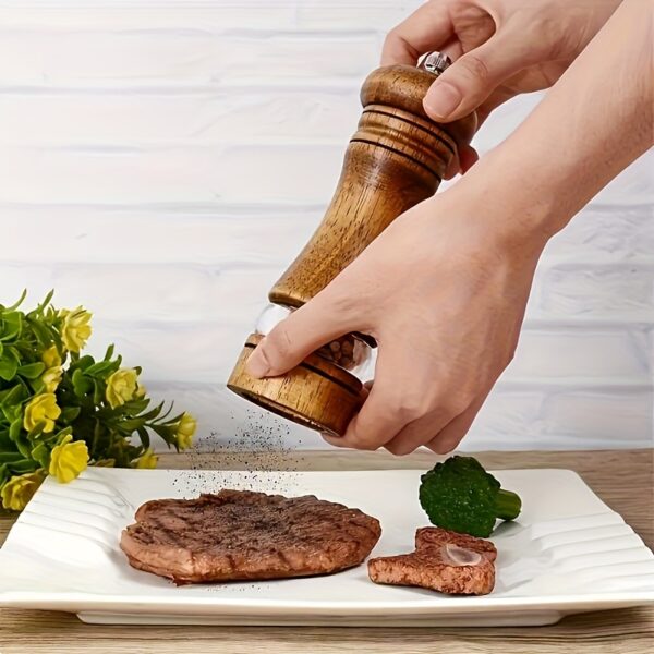Premium Wooden Pepper Grinder and Salt Mill Set (2-Piece) - Manual Refillable Oak Wood Spice Grinders with Clear Acrylic Viewing Window & Adjustable Ceramic Coarseness for Kitchen, BBQ, and Dining Table