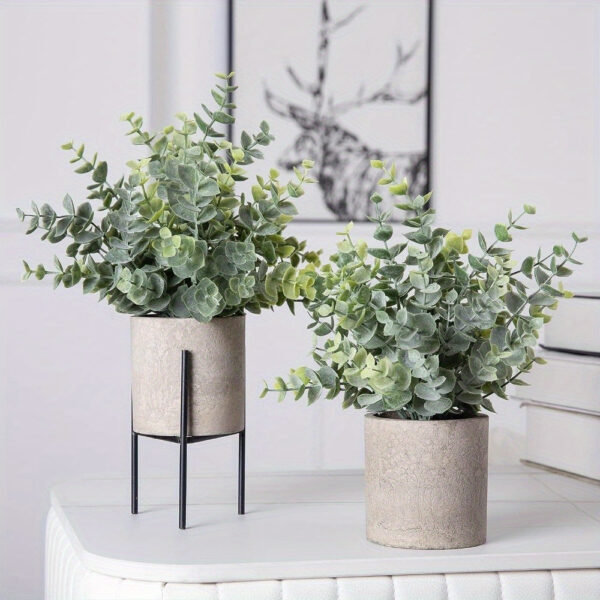 Artificial Eucalyptus Potted Plants (2-Pack) - Small Faux Greenery Desktop Decor in Textured Gray Pots, Realistic Plastic Plant Arrangement for Home, Office, Shelf, and Holiday Table Decoration