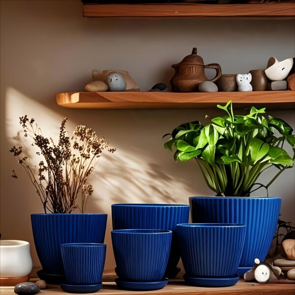 Modern Resin Planters with Saucers (6-Pack Multi-Size Set) - Elegant Ribbed Indoor Flower Pots, Weather-Resistant Decorative Garden Pots for Houseplants, Succulents, and Herbs