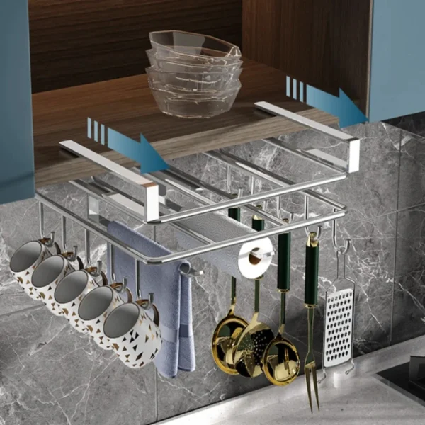 Under-Cabinet Stainless Steel Storage Rack | Mug Holder & Cutting Board Shelf