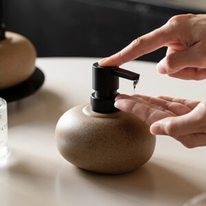 Wabi-Sabi Ceramic Soap Dispenser - Minimalist Refillable Liquid Hand Soap & Lotion Pump, Earthy Stoneware Countertop Cruet for Luxury Bathroom and Kitchen Decor