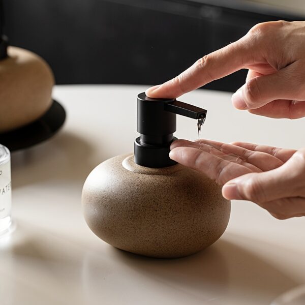 Wabi-Sabi Ceramic Soap Dispenser - Minimalist Refillable Liquid Hand Soap & Lotion Pump, Earthy Stoneware Countertop Cruet for Luxury Bathroom and Kitchen Decor