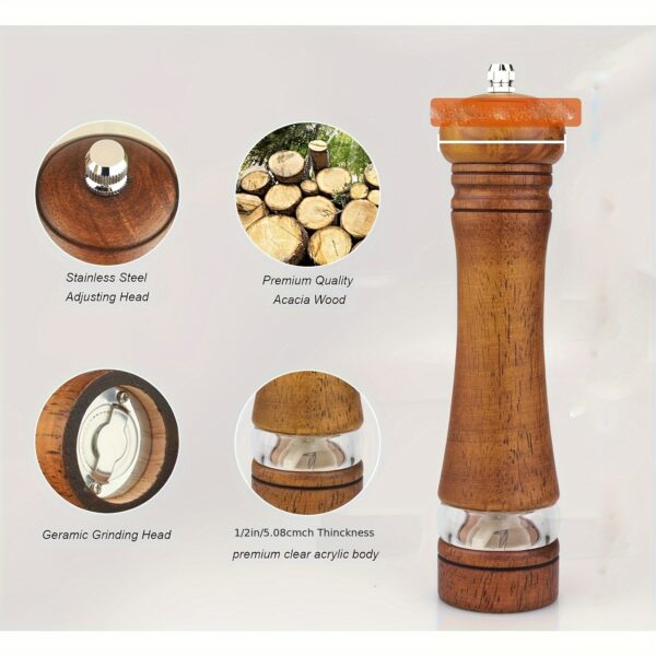 Premium Wooden Pepper Grinder and Salt Mill Set (2-Piece) - Manual Refillable Oak Wood Spice Grinders with Clear Acrylic Viewing Window & Adjustable Ceramic Coarseness for Kitchen, BBQ, and Dining Table