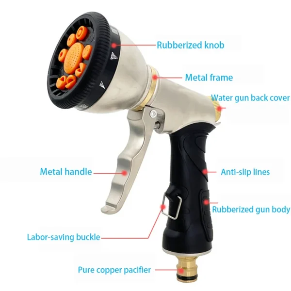 Heavy-Duty Zinc Alloy Garden Hose Nozzle | High-Pressure Spray Gun for Lawn Care & Car Wash