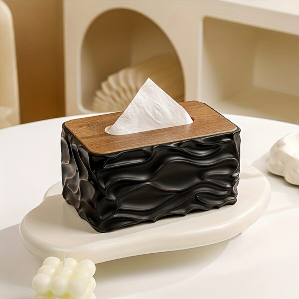 Modern Wavy Tissue Box Holder with Wood Lid – Minimalist Square Organizer for Bathroom & Living Room (Black)