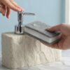Natural Stone-Texture Kitchen Soap Dispenser with Sponge Holder - 2-in-1 Liquid Dish Soap Pump and Caddy Organizer for Kitchen Sink Countertop, Luxury Refillable Faux Resin Marble Sink Cruiser