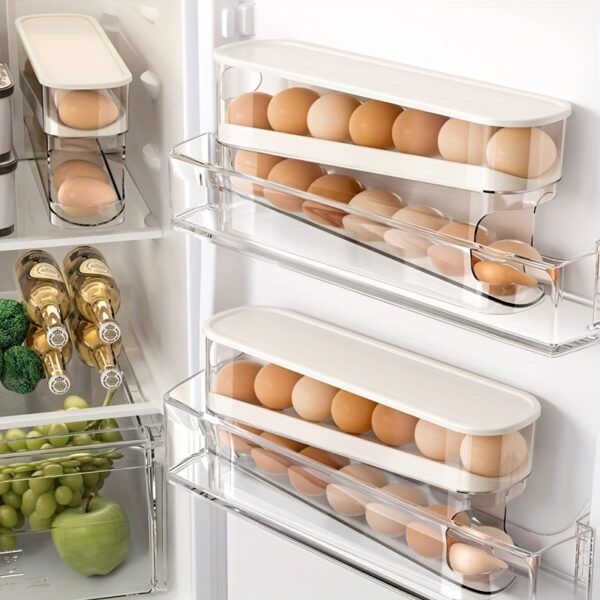Automatic Rolling Egg Dispenser for Fridge - Double-Layer Space-Saving Fridge Door Egg Storage Box, Clear Plastic Gravity-Fed Egg Holder Rack Organizer for Kitchen Countertop and Refrigerator