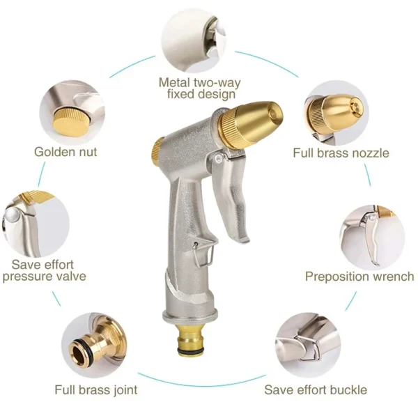 High-Pressure Brass Hose Nozzle | Heavy-Duty Zinc Alloy Metal Garden Spray Gun