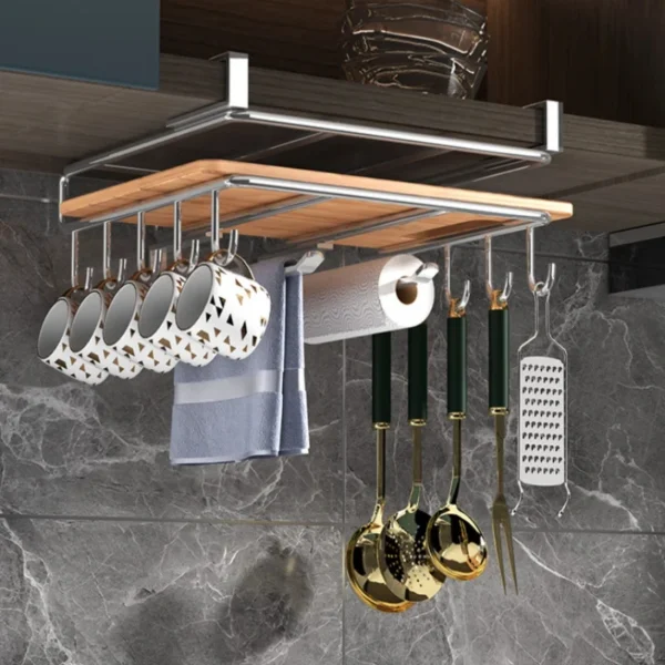 Under-Cabinet Stainless Steel Storage Rack | Mug Holder & Cutting Board Shelf