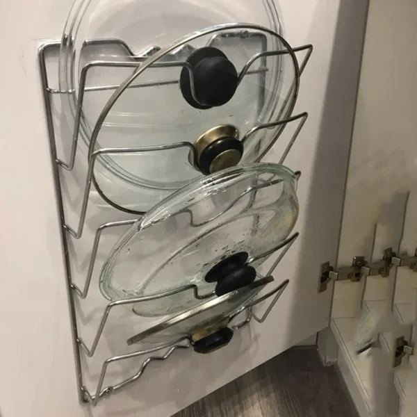 5-Tier Wall Mount Pot Lid Holder | Metal Kitchen Cabinet Organizer Rack