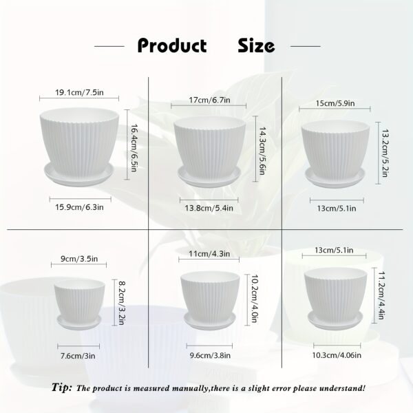 Modern Resin Planters with Saucers (6-Pack Multi-Size Set) - Elegant Ribbed Indoor Flower Pots, Weather-Resistant Decorative Garden Pots for Houseplants, Succulents, and Herbs