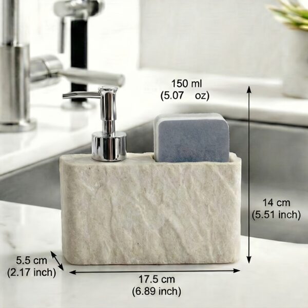Natural Stone-Texture Kitchen Soap Dispenser with Sponge Holder - 2-in-1 Liquid Dish Soap Pump and Caddy Organizer for Kitchen Sink Countertop, Luxury Refillable Faux Resin Marble Sink Cruiser