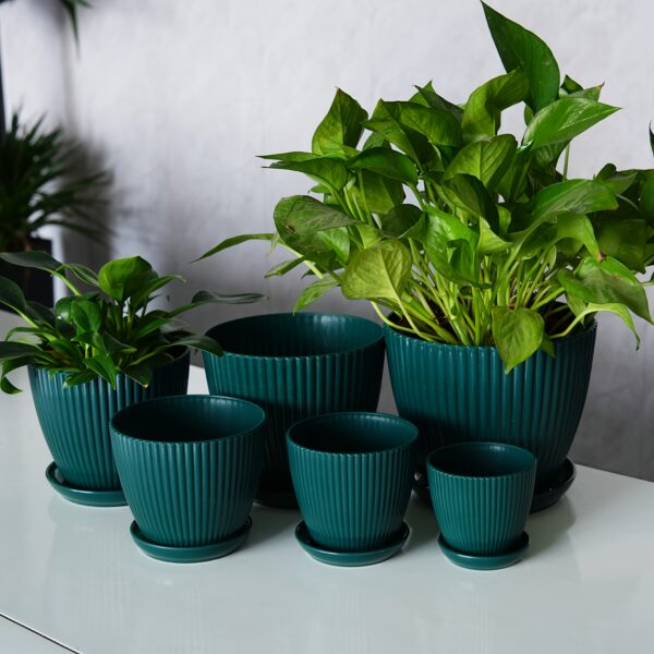 Modern Resin Planters with Saucers (6-Pack Multi-Size Set) - Elegant Ribbed Indoor Flower Pots, Weather-Resistant Decorative Garden Pots for Houseplants, Succulents, and Herbs