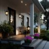 Outdoor Solar Wall Lanterns (2-Pack) - Anti-Rust Metal Hanging Solar Sconces with 4 Solar Panels, 3000K Warm White Dusk to Dawn LED Glass Bulb Lights for Porch, Patio, and Garage