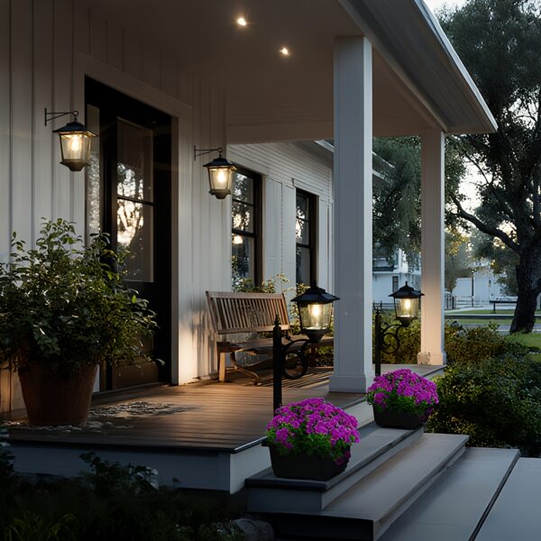 Outdoor Solar Wall Lanterns (2-Pack) - Anti-Rust Metal Hanging Solar Sconces with 4 Solar Panels, 3000K Warm White Dusk to Dawn LED Glass Bulb Lights for Porch, Patio, and Garage