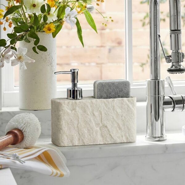 Natural Stone-Texture Kitchen Soap Dispenser with Sponge Holder - 2-in-1 Liquid Dish Soap Pump and Caddy Organizer for Kitchen Sink Countertop, Luxury Refillable Faux Resin Marble Sink Cruiser
